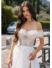 Beaded Ivory Lace Tulle Off Shoulder Slit Wedding Dress